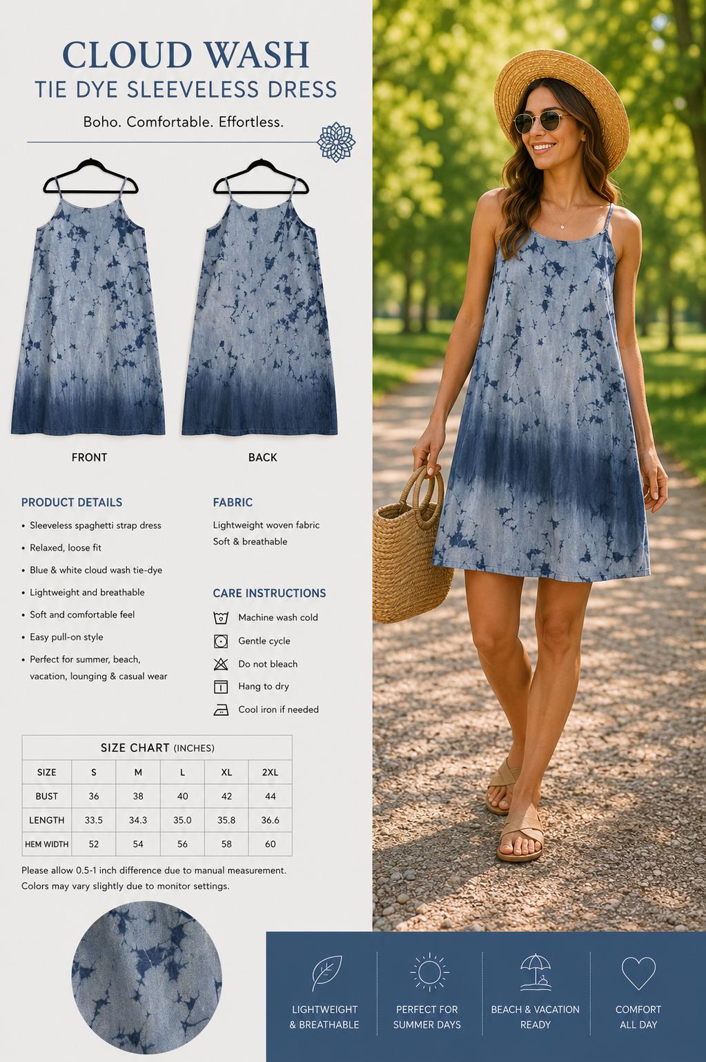 Women's Summer Dress | Tie-Dye Spaghetti Strap Dress | Casual Beach Dress | Lightweight Vacation Dress | Gift for Her