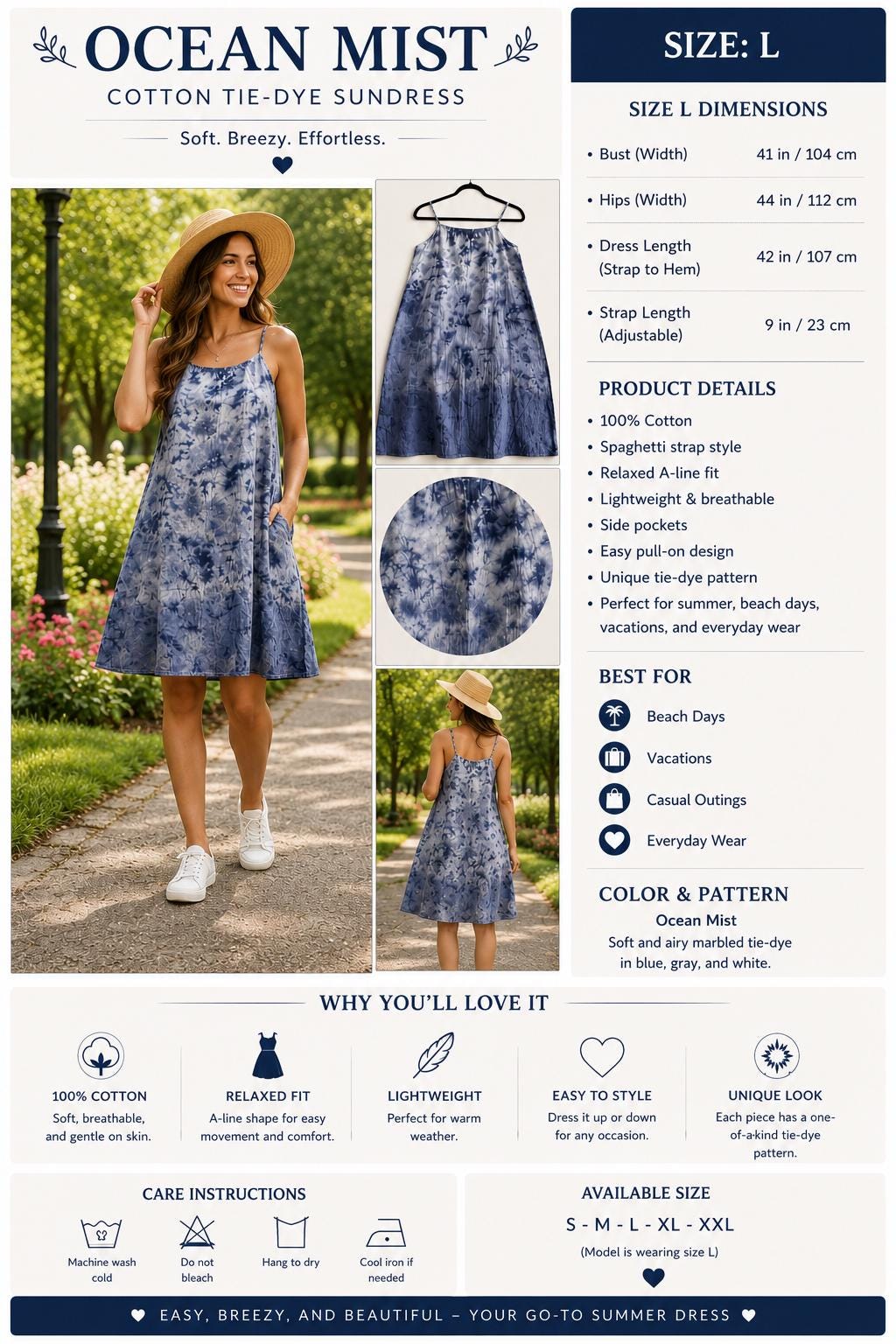 Women's Cotton Summer Sundress | Tie-Dye Spaghetti Strap Dress | Casual Beach Dress | Lightweight Vacation Dress | Resort Wear