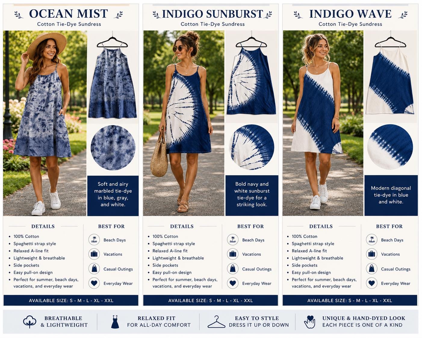 Women's Cotton Summer Sundress | Tie-Dye Spaghetti Strap Dress | Casual Beach Dress | Lightweight Vacation Dress | Resort Wear