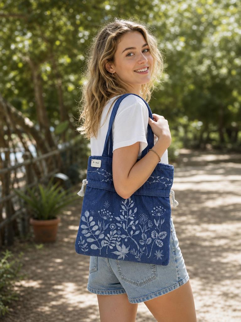Handmade Cotton Tote Bag | Indigo Batik Botanical Tote | Wildflower Market Bag | Canvas Shoulder Tote | Gift for Her