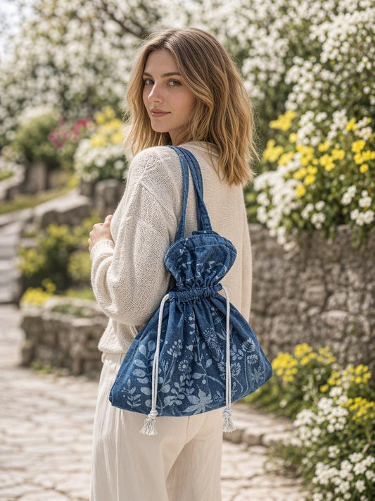 Handmade Cotton Tote Bag | Indigo Batik Botanical Tote | Wildflower Market Bag | Canvas Shoulder Tote | Gift for Her