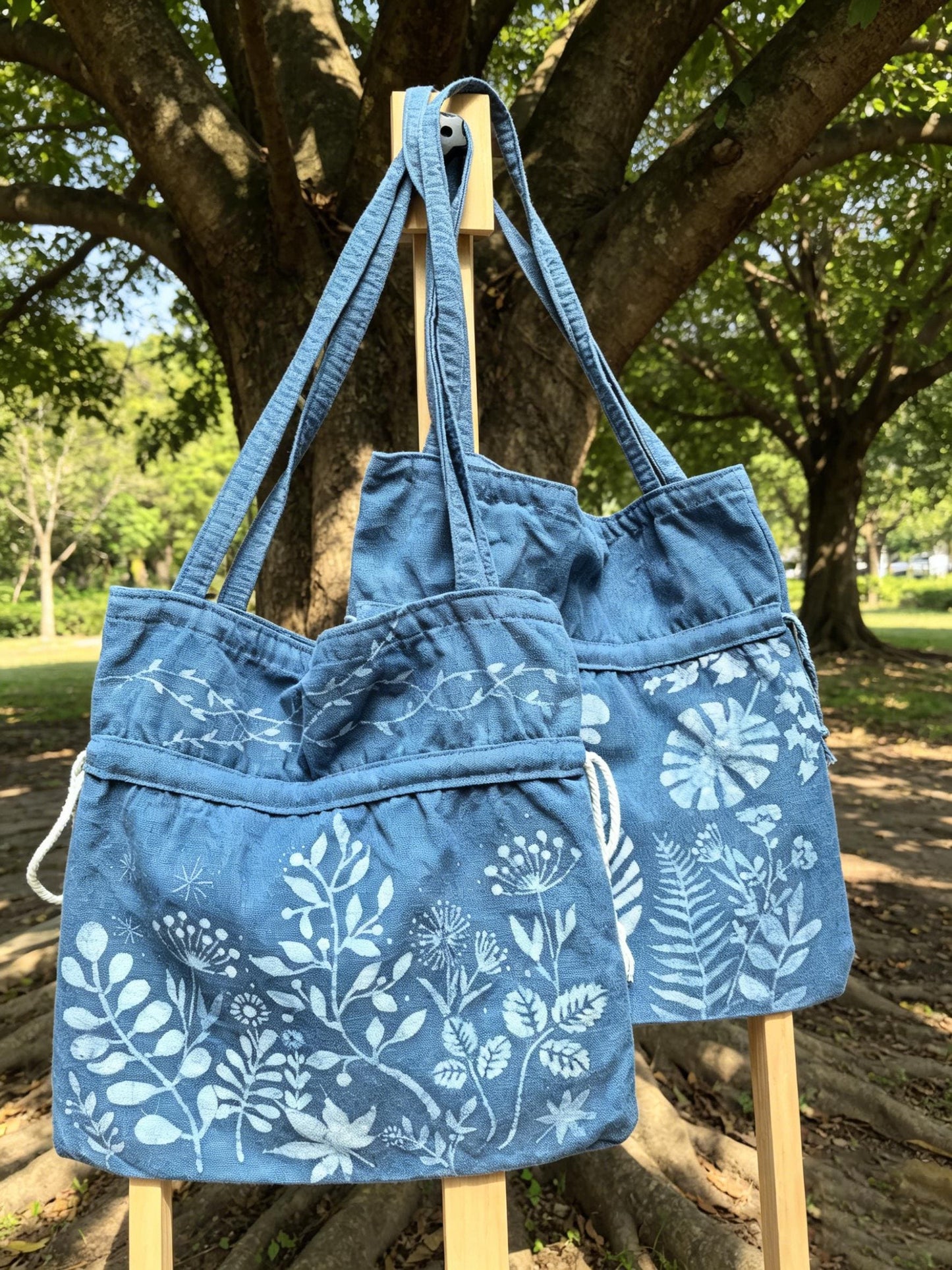 Handmade Cotton Tote Bag | Indigo Batik Botanical Tote | Wildflower Market Bag | Canvas Shoulder Tote | Gift for Her