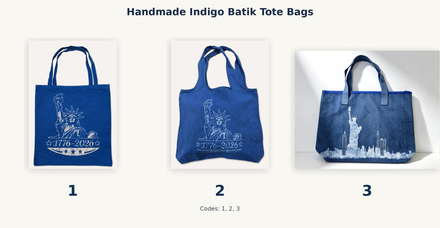 Statue of Liberty Canvas Tote Bag | America 250 Gift | Handmade Indigo Batik Tote | Patriotic Shoulder Bag | Gift for Her