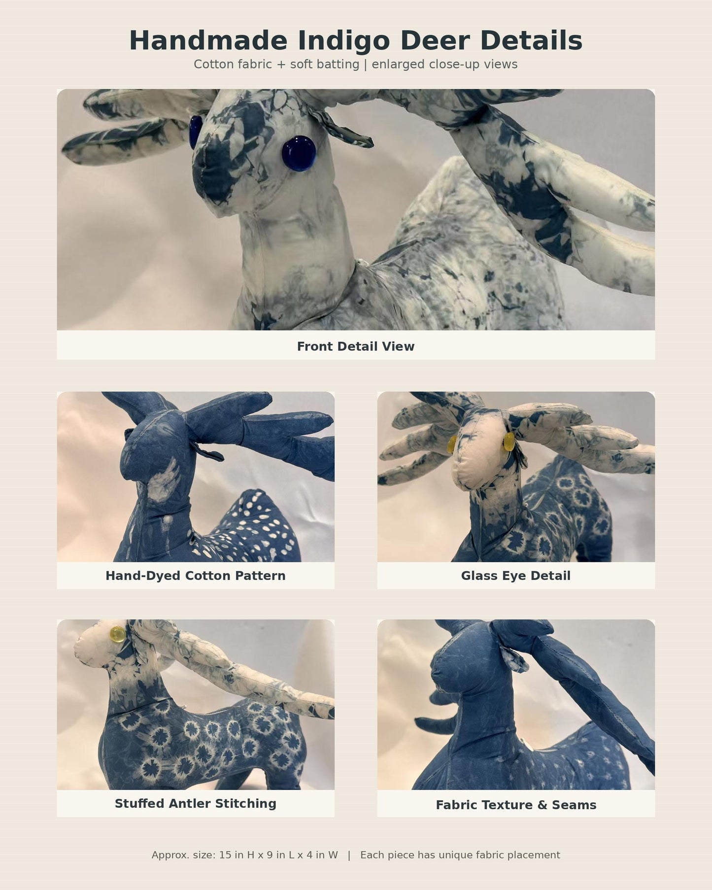 Handmade Deer Plush | Indigo Textile Art Doll | Stuffed Animal | Nursery Decor | Gift for Nature Lovers