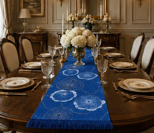 Handmade Cotton Table Runner | Indigo Batik Table Runner | Embroidered Lotus Table Decor | Botanical Dining Runner | Housewarming Gift