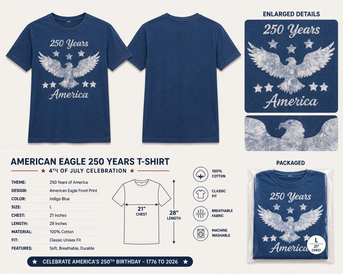 America 250 Graphic T-Shirt | Patriotic USA Tee | Indigo Batik Style Shirt | 1776–2026 Independence Day | Gift for Her & Him