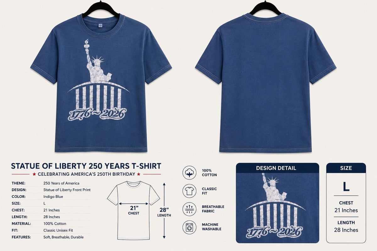 America 250 Graphic T-Shirt | Patriotic USA Tee | Indigo Batik Style Shirt | 1776–2026 Independence Day | Gift for Her & Him