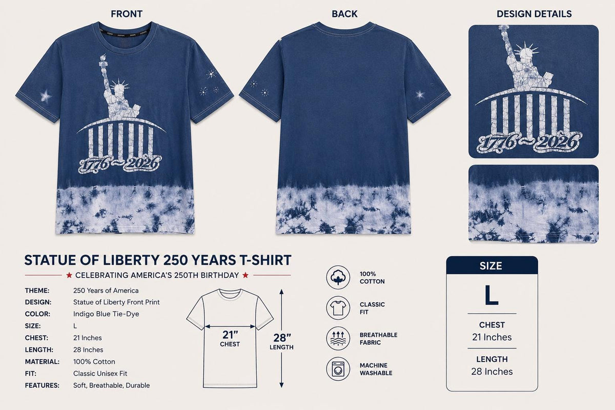 America 250 Graphic T-Shirt | Patriotic USA Tee | Indigo Batik Style Shirt | 1776–2026 Independence Day | Gift for Her & Him