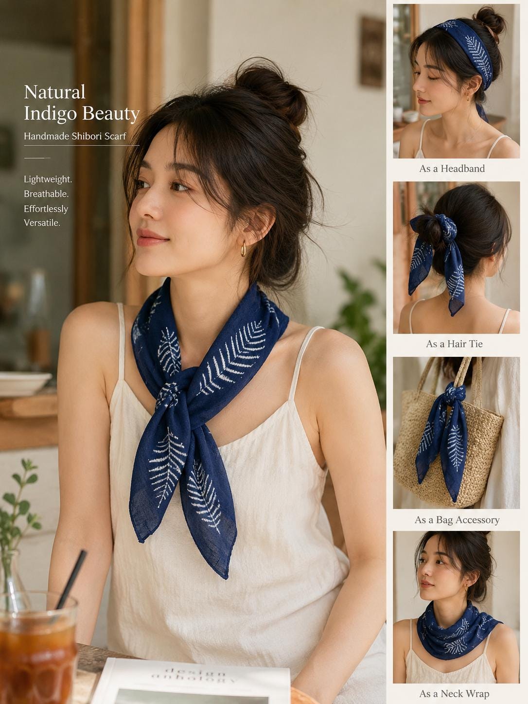 Hand-Dyed Cotton Blend Scarf | Indigo Shibori Square Scarf | Botanical Neck Scarf | Lightweight Fashion Wrap | Gift for Her