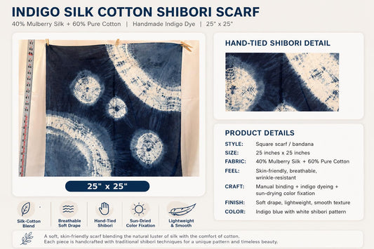 Silk Cotton Blend Scarf | Hand-Dyed Indigo Shibori Scarf | Lightweight Square Neck Scarf | Fashion Wrap | Gift for Her