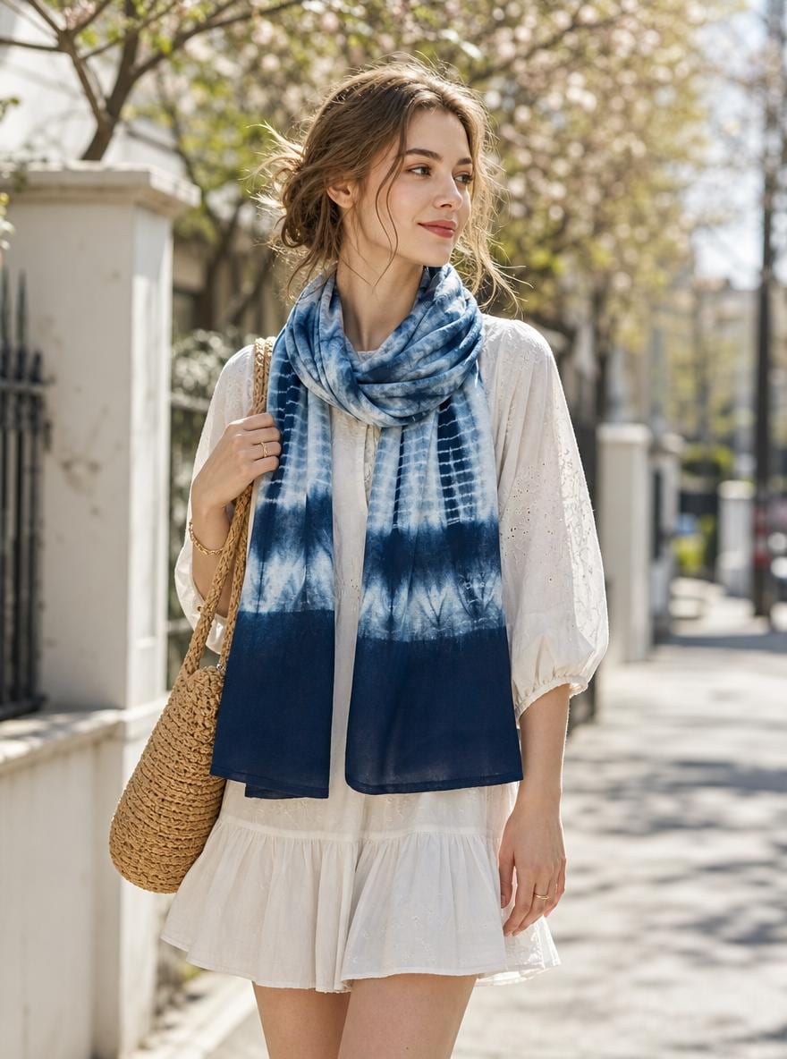 Hand-Dyed Linen Silk Scarf | Indigo Shibori Wrap | Lightweight Shawl | Travel Scarf | Gift for Her