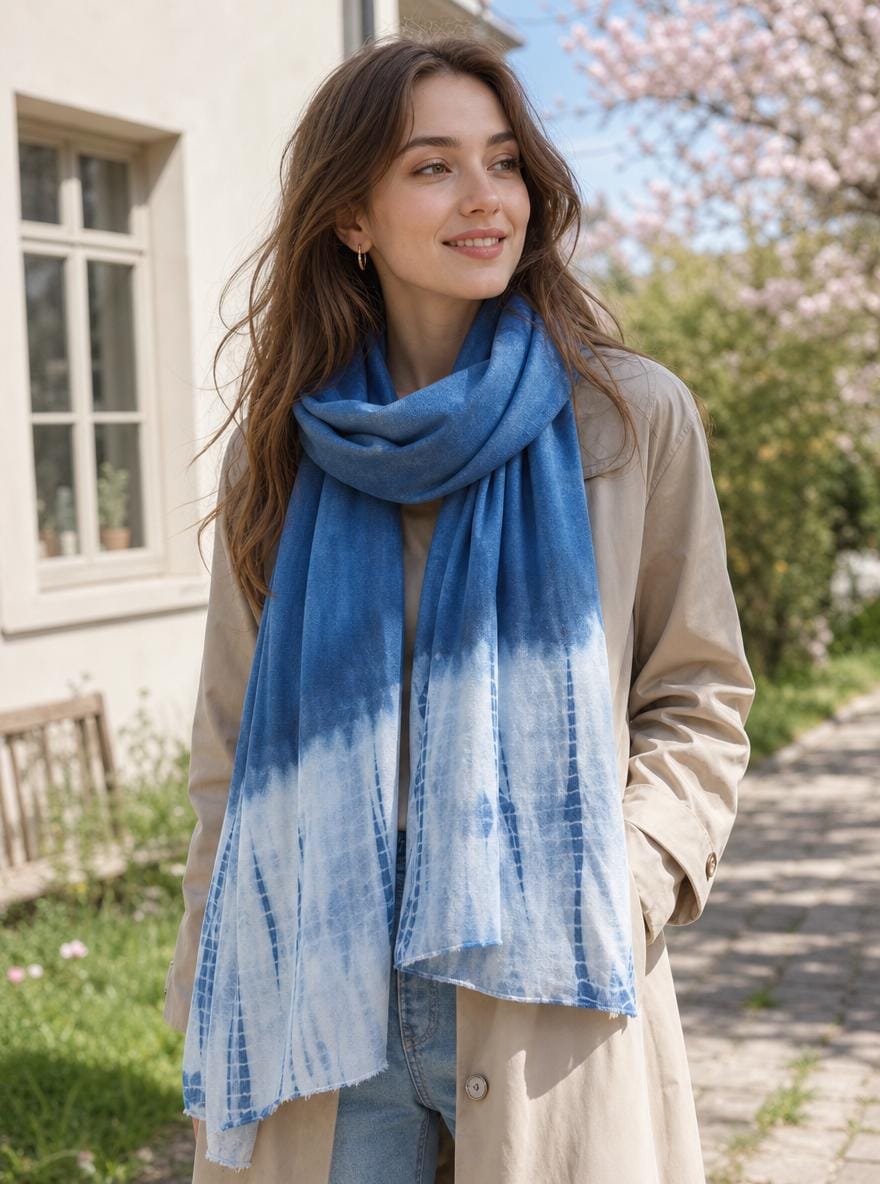 Hand-Dyed Linen Silk Scarf | Indigo Shibori Wrap | Lightweight Shawl | Travel Scarf | Gift for Her