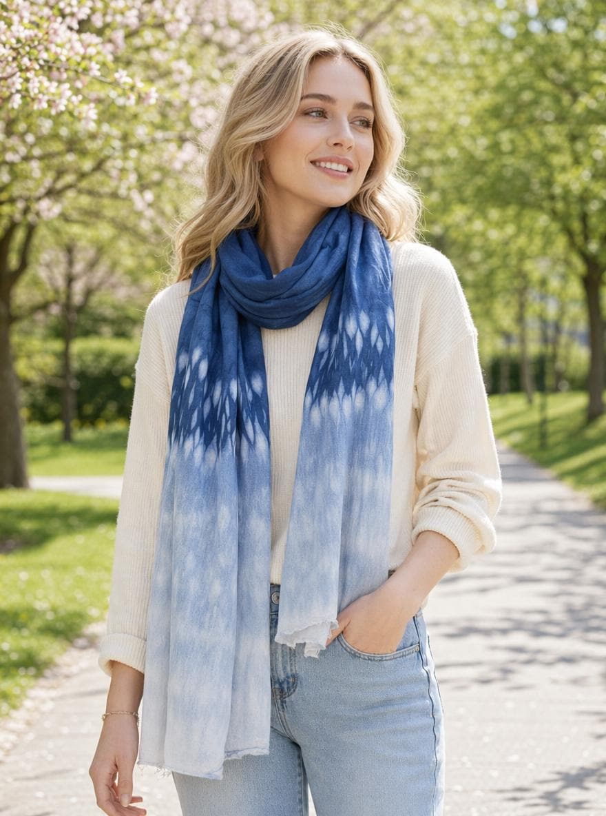 Hand-Dyed Linen Silk Scarf | Indigo Shibori Wrap | Lightweight Shawl | Travel Scarf | Gift for Her