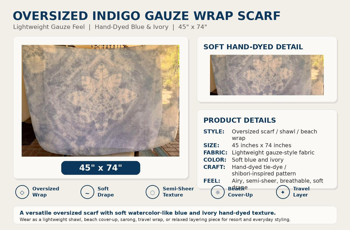 Oversized Lightweight Scarf | Hand-Dyed Shawl Wrap | Sheer Beach Cover Up | Travel Wrap | Gift for Her