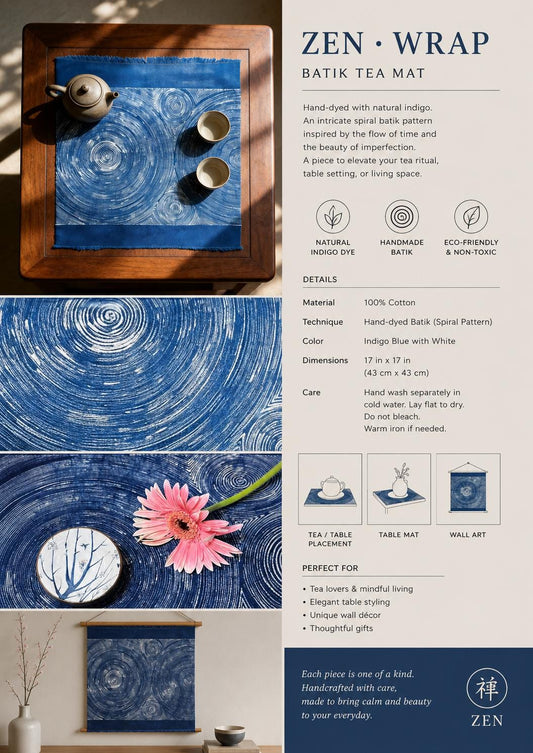 Handmade Cotton Tea Mat | Indigo Batik Tea Table Mat | Zen Table Decor | Meditation Table Runner | Housewarming Gift