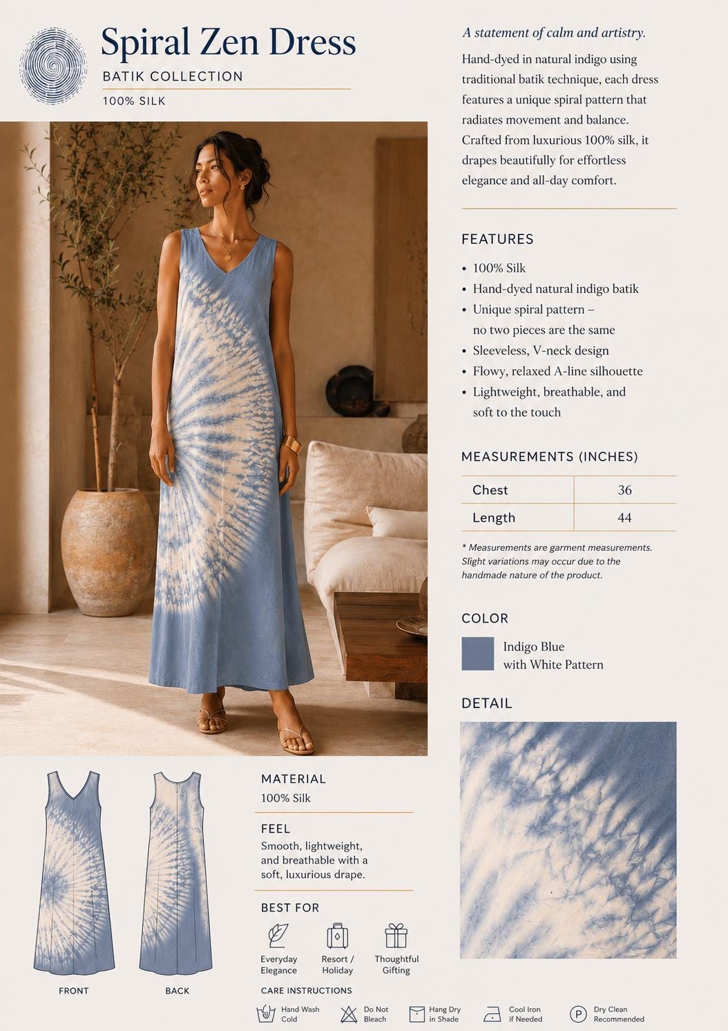Silk Sleeveless Dress | Hand-Dyed Batik Silk Dress | Women's Resort Dress | Elegant Vacation Dress | Gift for Her