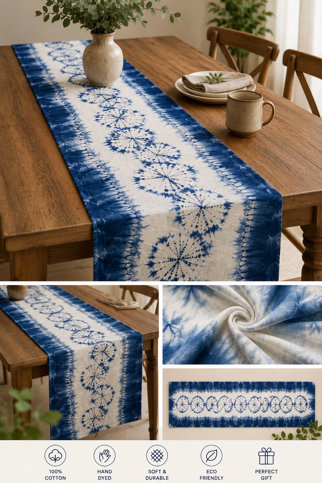 Handmade Indigo Shibori Table Runner | Cotton Decorative Textile | Bed Runner | Wall Hanging | Housewarming Gift