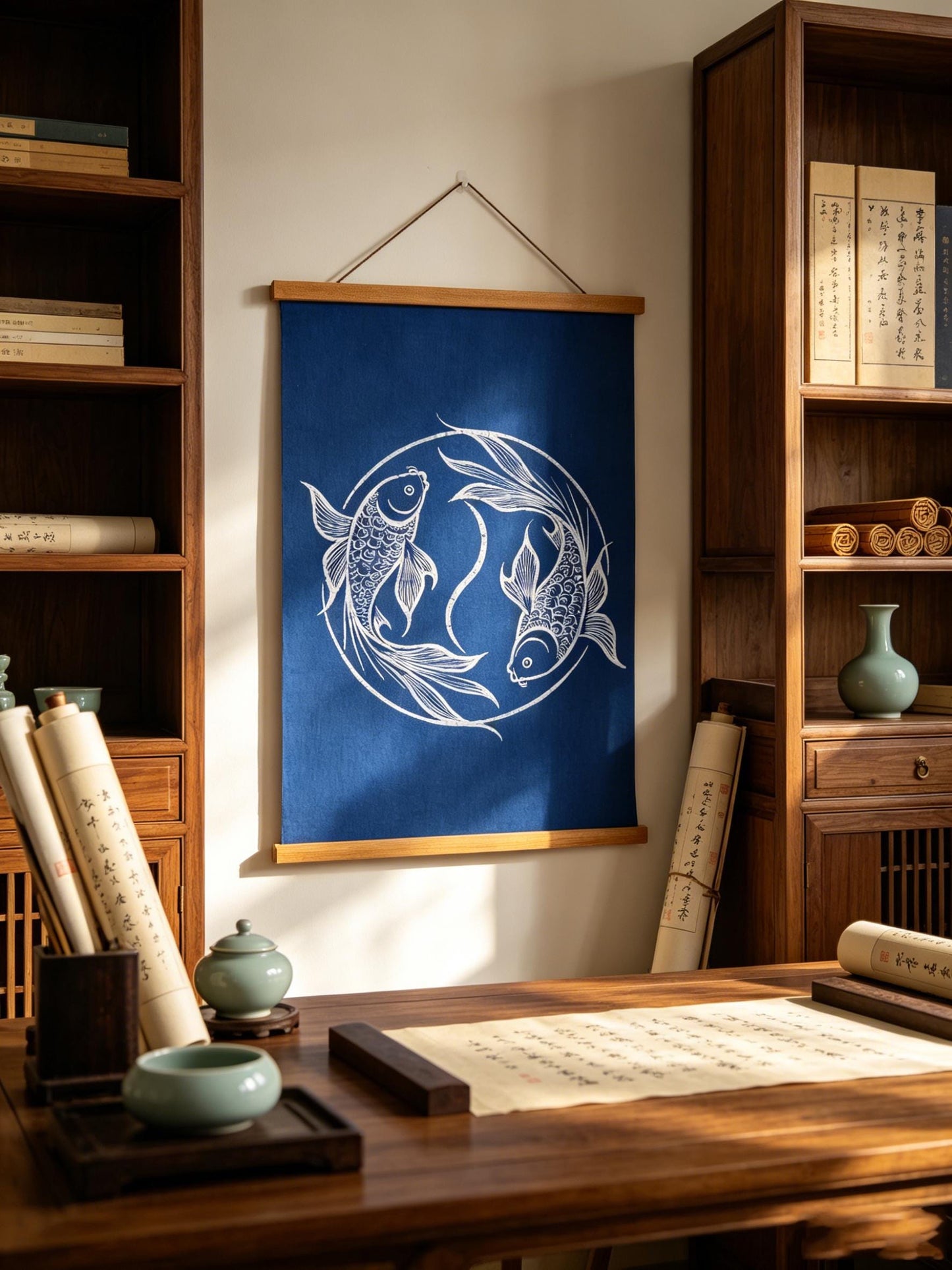 Handmade Double Fish Textile Wall Art | Indigo Batik Wall Hanging | Yin Yang Zen Home Decor | Feng Shui Wall Art | Housewarming Gift