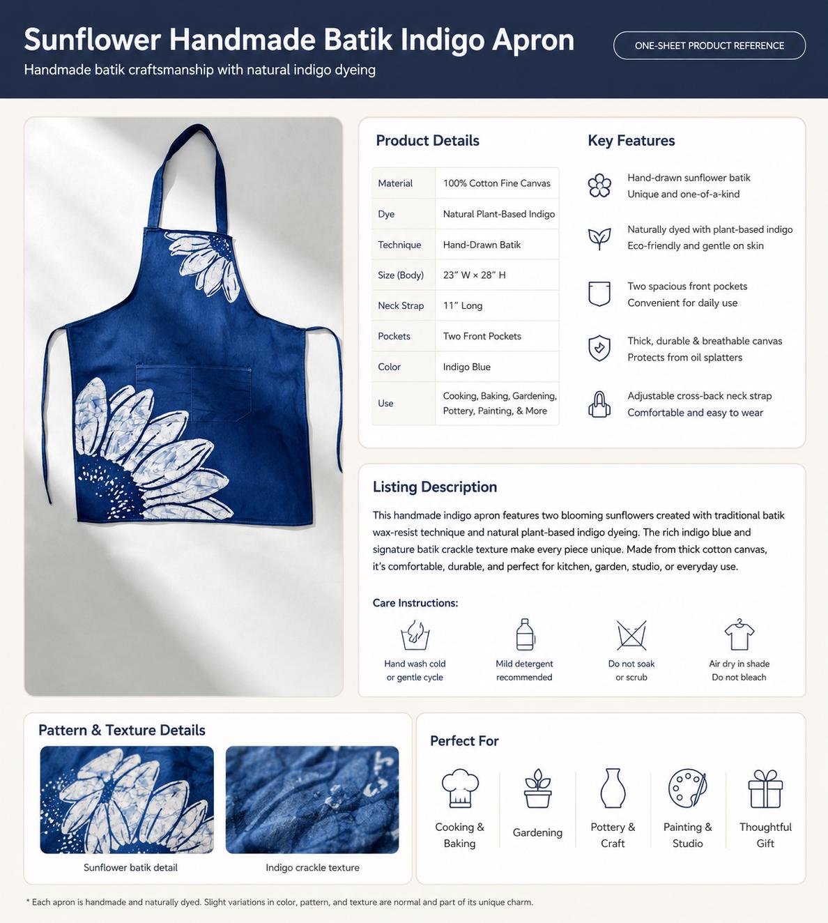 Handmade Cotton Apron | Indigo Batik Kitchen Apron | Cross-Back Gardening Apron | Artist Smock | Gift for Her