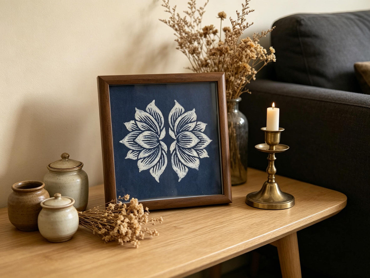 Lotus Textile Wall Art | Handmade Indigo Batik Art | Botanical Zen Home Decor | Tabletop or Wall Display | Housewarming Gift