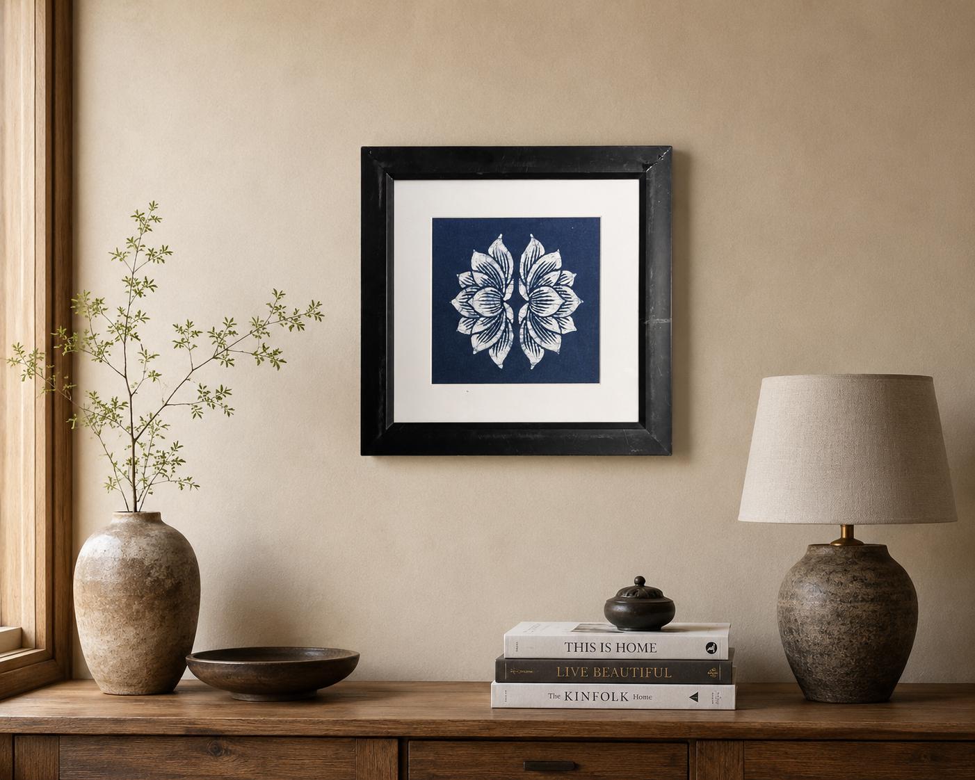 Lotus Textile Wall Art | Handmade Indigo Batik Art | Botanical Zen Home Decor | Tabletop or Wall Display | Housewarming Gift