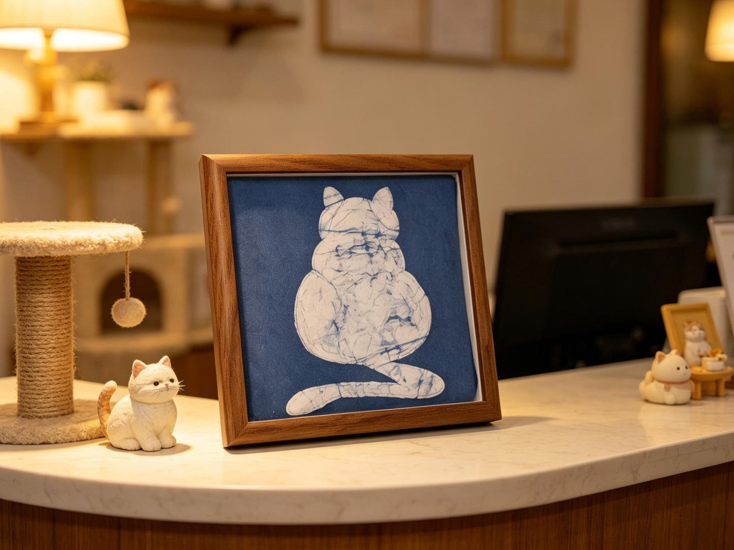 Handmade Cat Textile Wall Art | Indigo Batik Cat Wall Hanging | Framed Cat Decor | Gift for Cat Lovers | Housewarming Gift