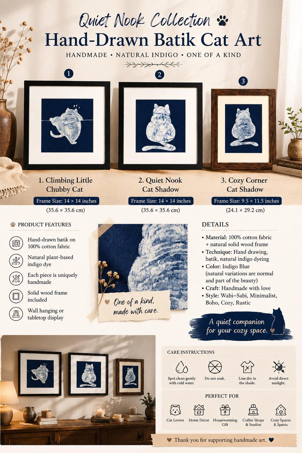 Handmade Cat Textile Wall Art | Indigo Batik Cat Wall Hanging | Framed Cat Decor | Gift for Cat Lovers | Housewarming Gift