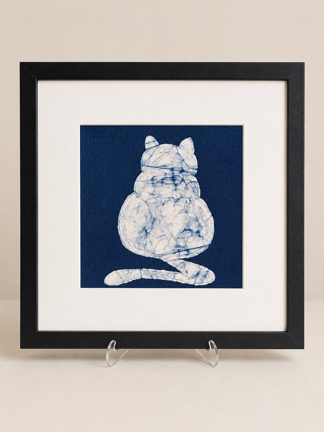 Handmade Cat Textile Wall Art | Indigo Batik Cat Wall Hanging | Framed Cat Decor | Gift for Cat Lovers | Housewarming Gift
