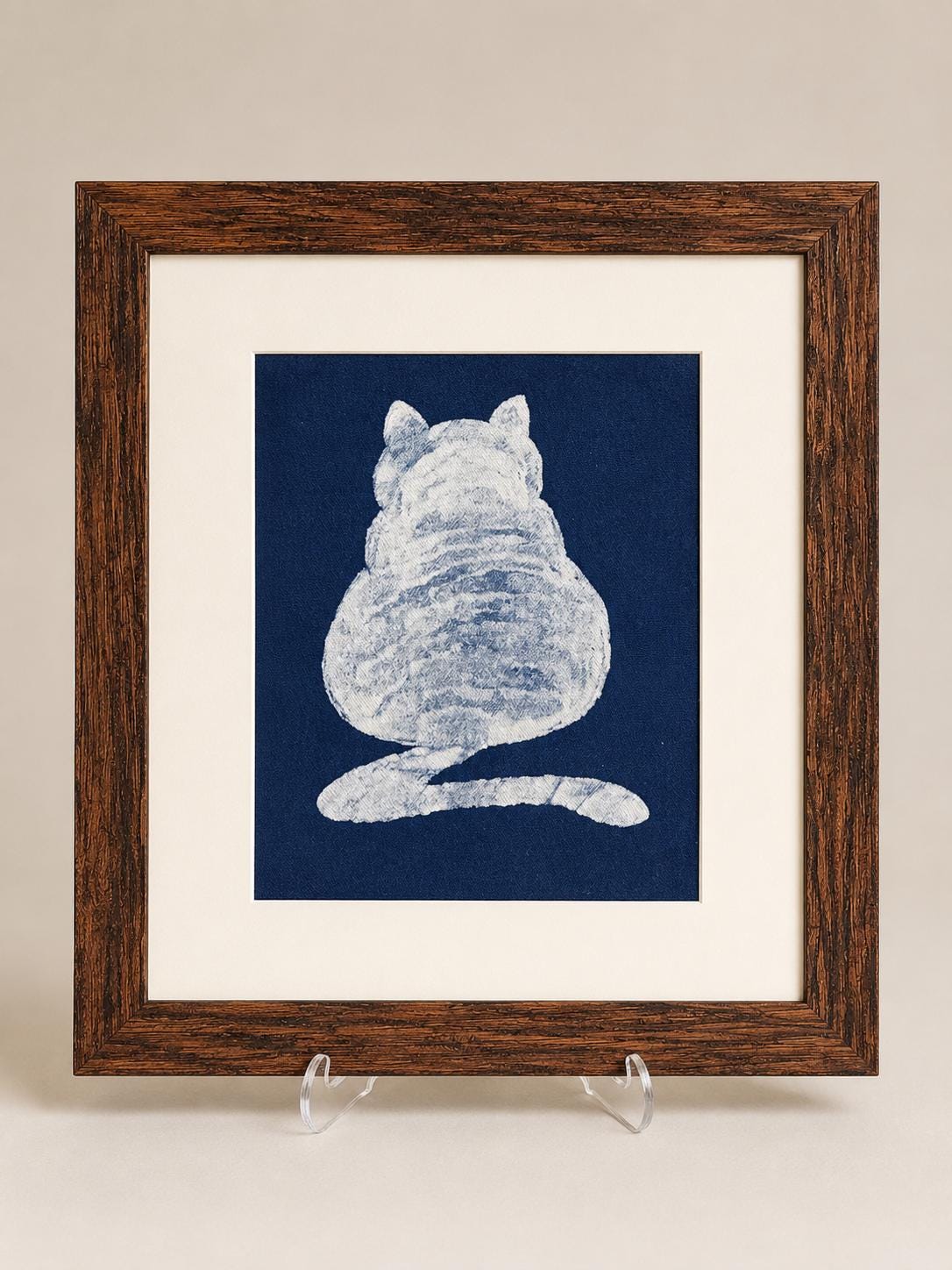 Handmade Cat Textile Wall Art | Indigo Batik Cat Wall Hanging | Framed Cat Decor | Gift for Cat Lovers | Housewarming Gift