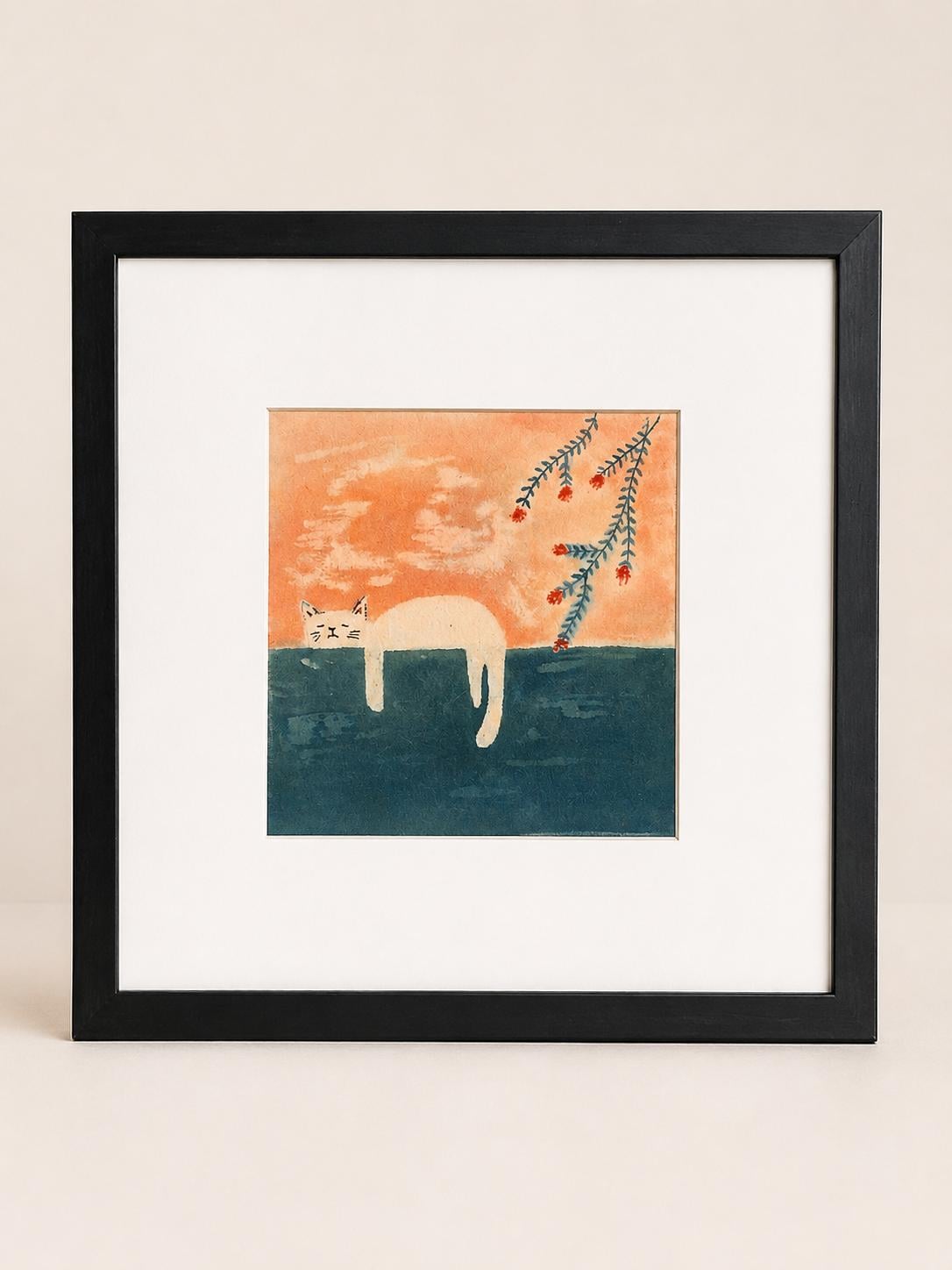 Handmade Cat Textile Wall Art | Lazy Cat Batik Wall Art | Framed Cat Decor | Cozy Home Decor | Gift for Cat Lovers