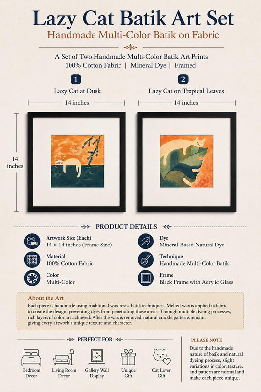 A product information sheet for a Lazy Cat Batik Art Set, showing two framed art prints with illustrations of a lazy cat, along with dimensions, product details, and care instructions.