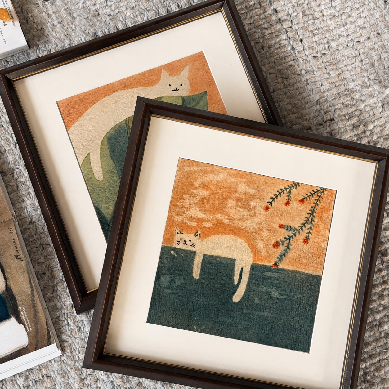 Handmade Cat Textile Wall Art | Lazy Cat Batik Wall Art | Framed Cat Decor | Cozy Home Decor | Gift for Cat Lovers