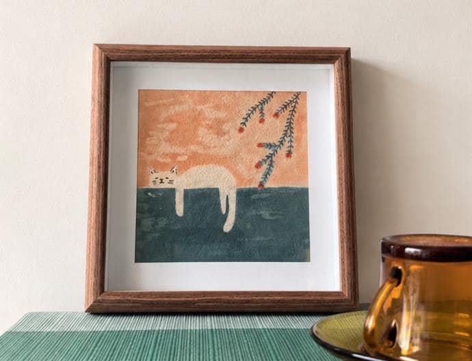 Handmade Cat Textile Wall Art | Lazy Cat Batik Wall Art | Framed Cat Decor | Cozy Home Decor | Gift for Cat Lovers