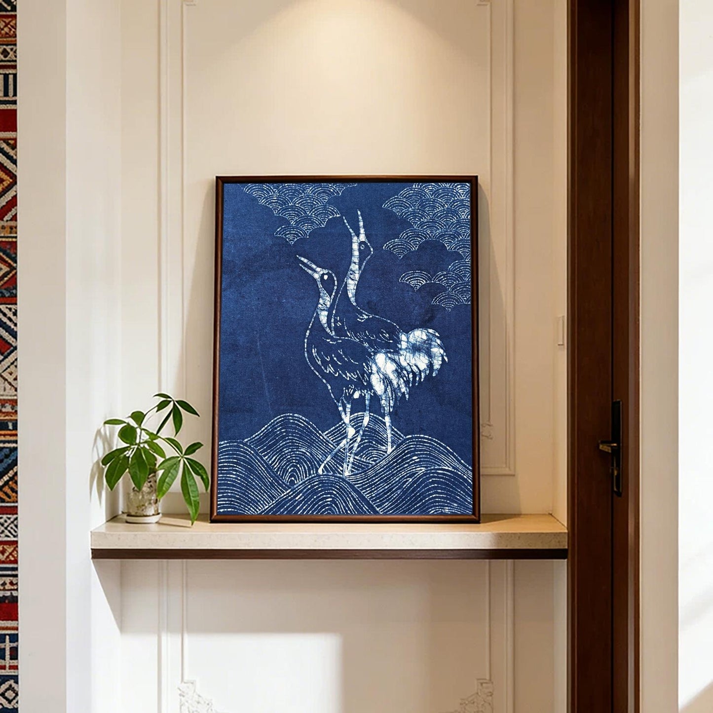 Handmade Crane Textile Wall Art | Indigo Batik Wall Hanging | Bird Zen Home Decor | Wabi-Sabi Wall Art | Wedding Gift
