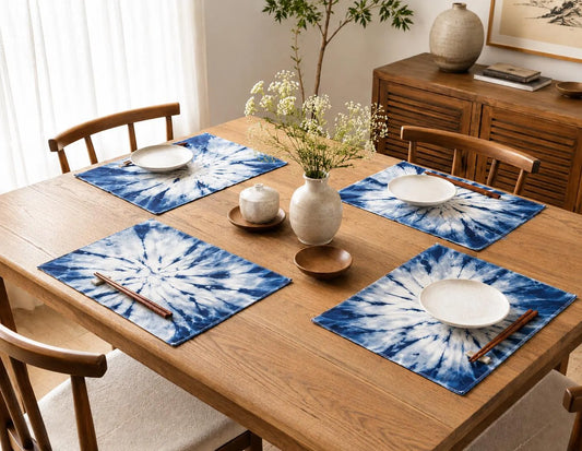 Handmade Cotton Placemats | Indigo Shibori Table Mats | Blue & White Dining Table Decor | Set or Single | Housewarming Gift