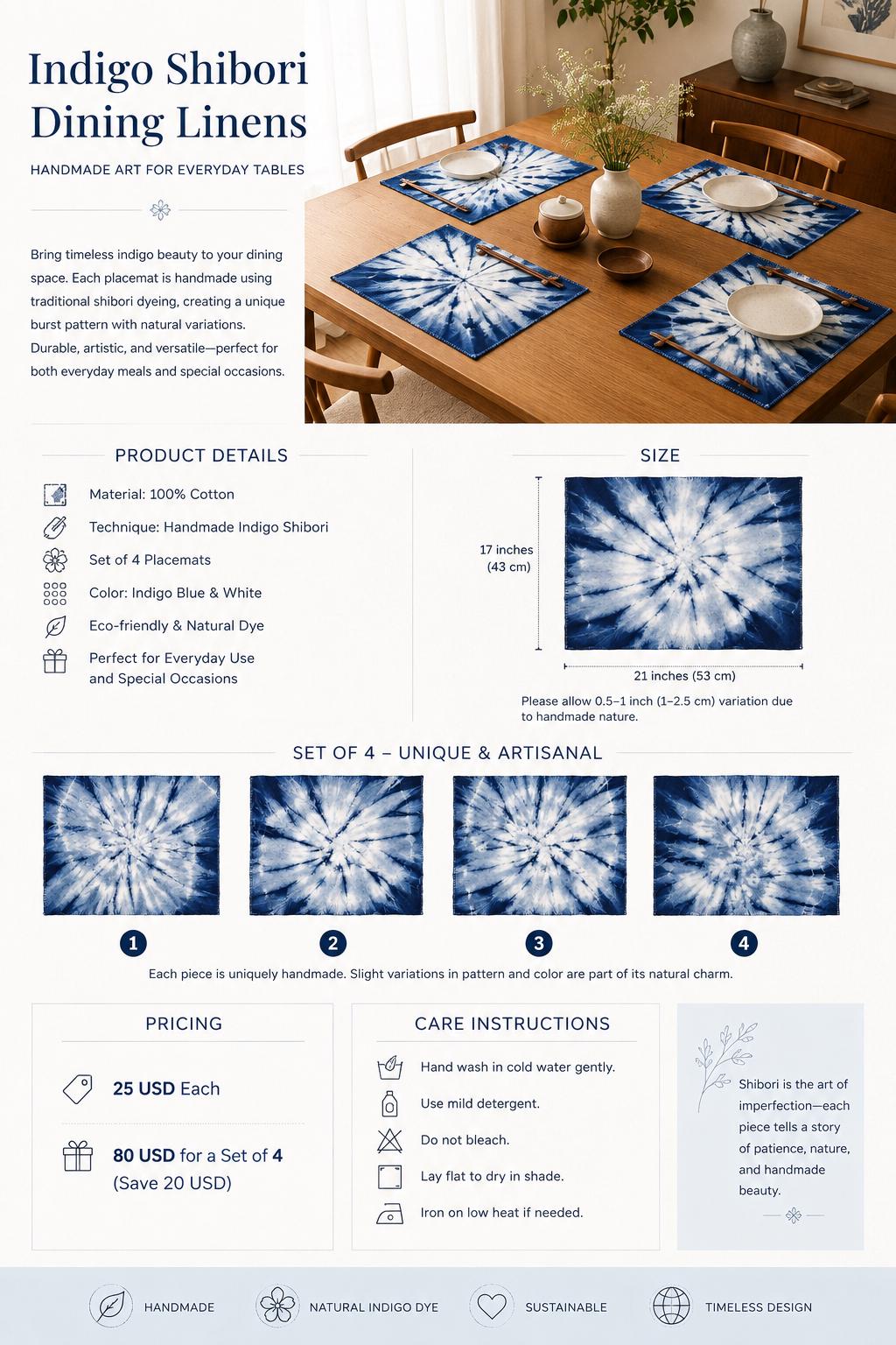 Handmade Cotton Placemats | Indigo Shibori Table Mats | Blue & White Dining Table Decor | Set or Single | Housewarming Gift
