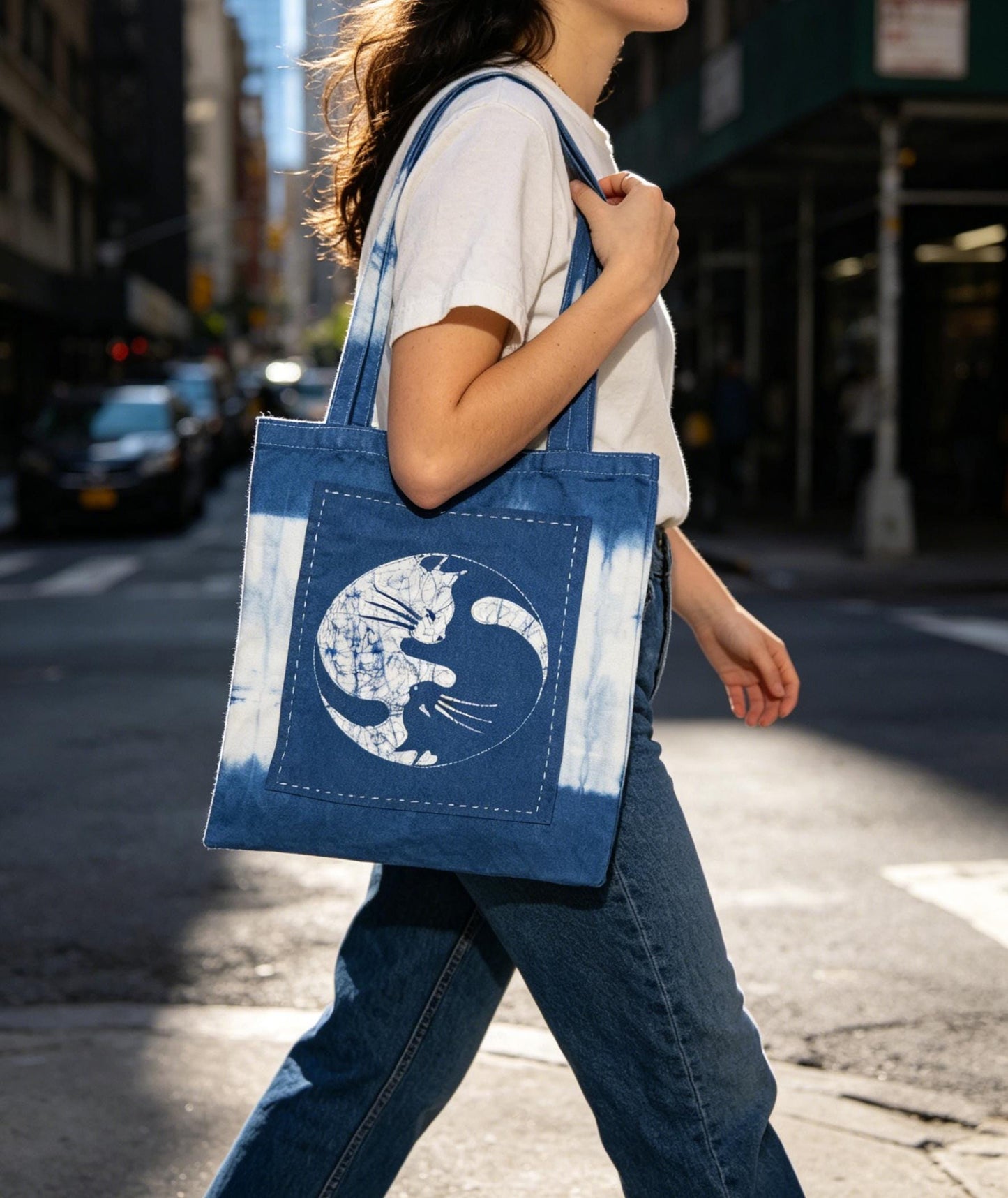 Handmade Cotton Cat Tote Bag | Indigo Batik Reversible Tote | Yin Yang Cat Shoulder Bag | Shibori Canvas Bag | Gift for Cat Lovers