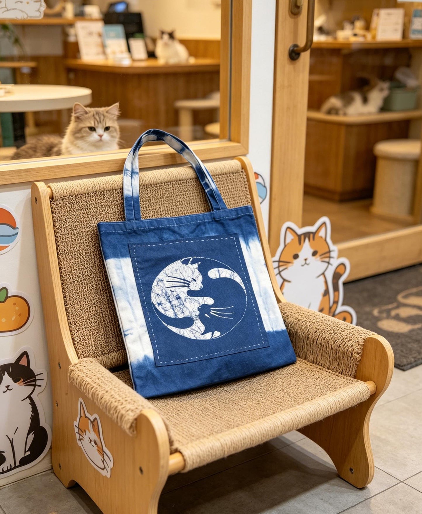 Handmade Cotton Cat Tote Bag | Indigo Batik Reversible Tote | Yin Yang Cat Shoulder Bag | Shibori Canvas Bag | Gift for Cat Lovers
