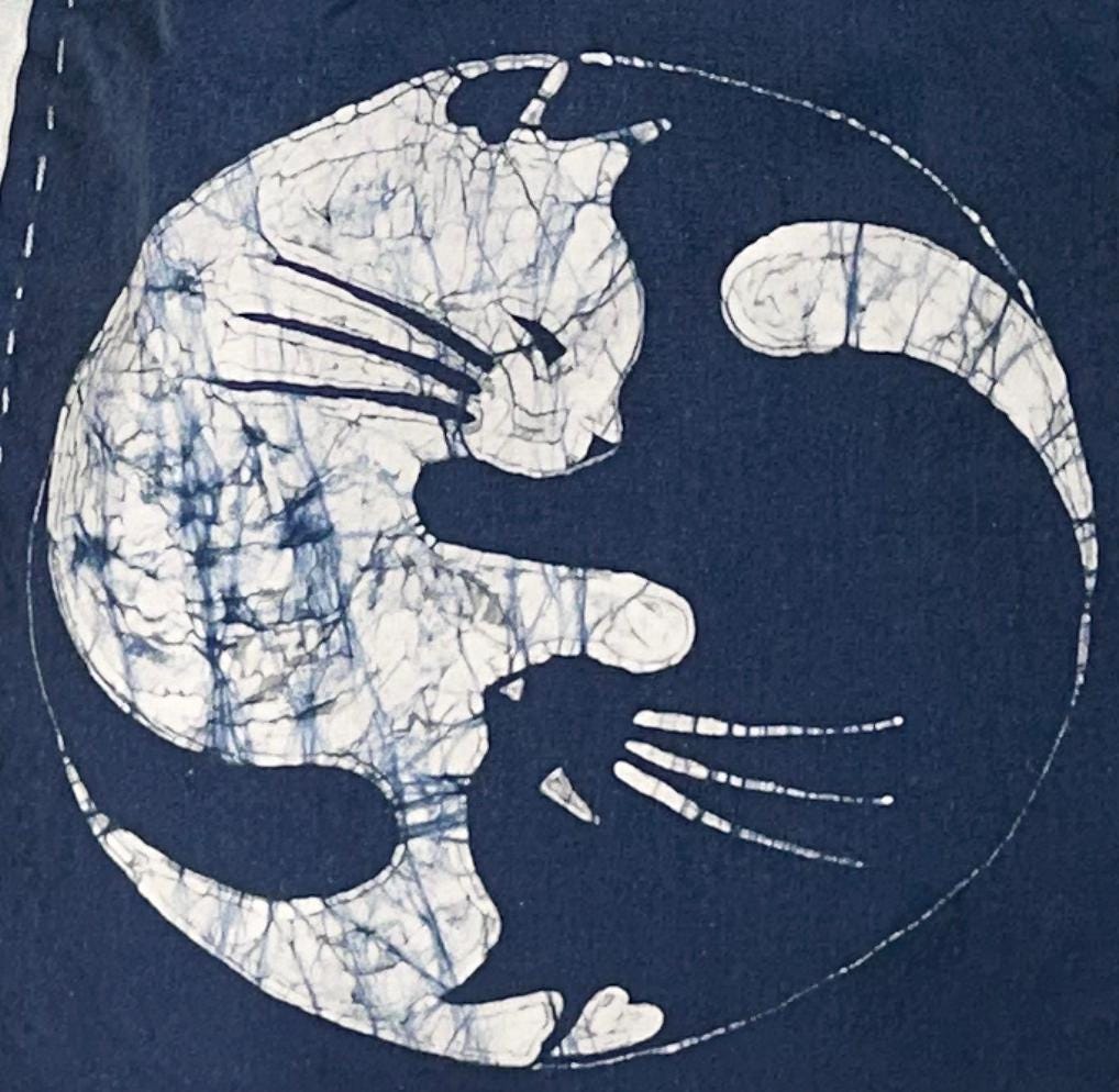 Handmade Cotton Cat Tote Bag | Indigo Batik Reversible Tote | Yin Yang Cat Shoulder Bag | Shibori Canvas Bag | Gift for Cat Lovers