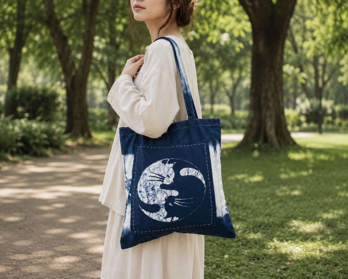Handmade Cotton Cat Tote Bag | Indigo Batik Reversible Tote | Yin Yang Cat Shoulder Bag | Shibori Canvas Bag | Gift for Cat Lovers