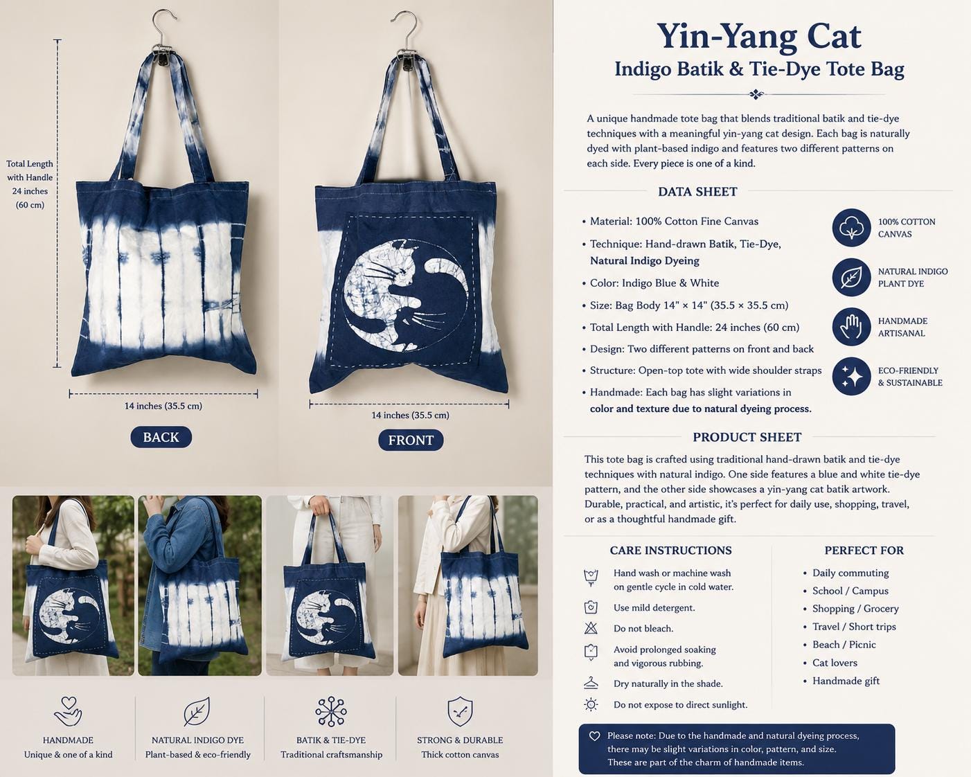 Handmade Cotton Cat Tote Bag | Indigo Batik Reversible Tote | Yin Yang Cat Shoulder Bag | Shibori Canvas Bag | Gift for Cat Lovers