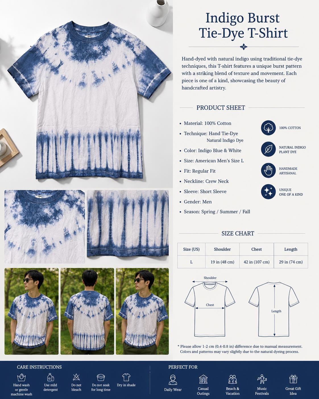Handmade Indigo Tie-Dye T-Shirt | Natural Indigo Cotton Tee | Unisex Shibori Shirt | Artisan Everyday Wear | Gift for Her & Him
