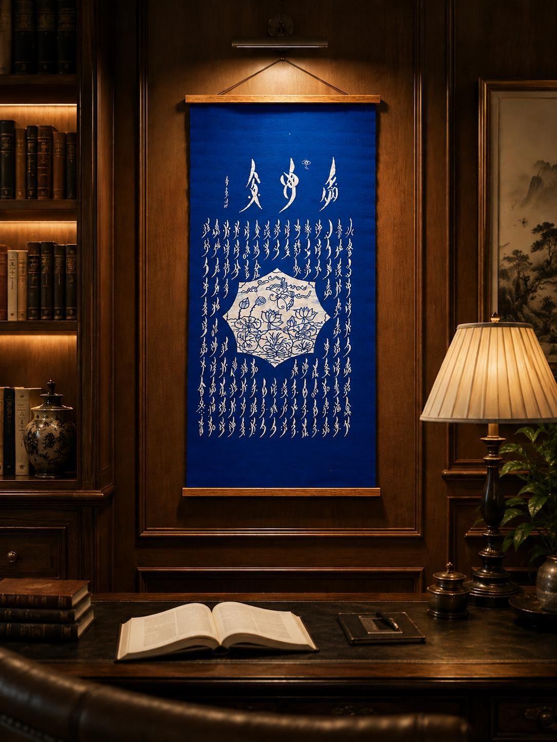 Handmade Lotus Textile Wall Art | Indigo Batik Wall Hanging | Nüshu Cultural Art | Zen Home Decor | Housewarming Gift