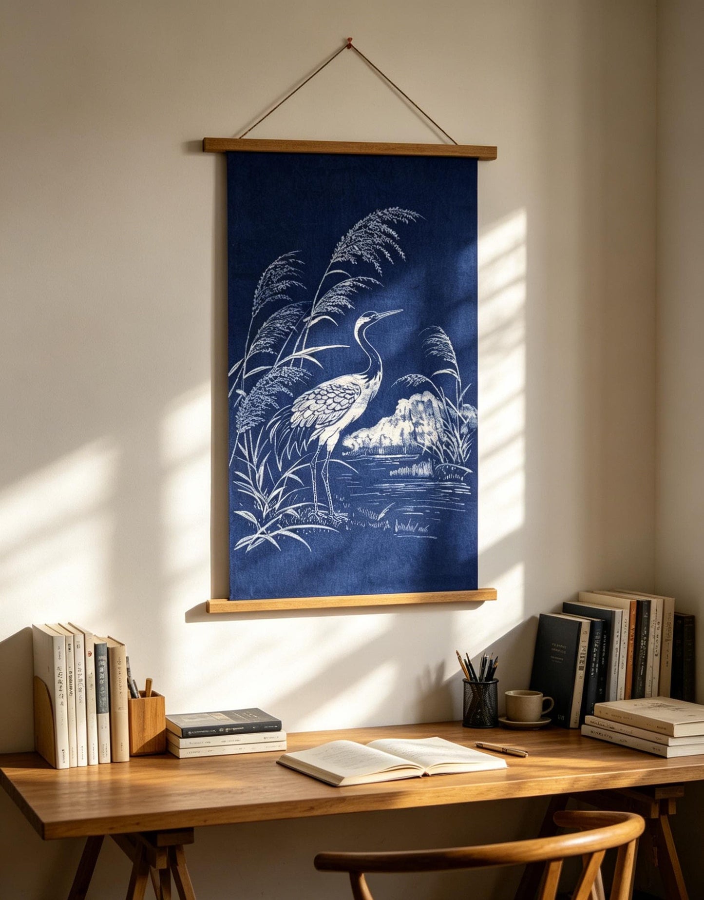Handmade Crane Textile Wall Art | Indigo Batik Wall Hanging | Zen Nature Home Decor | Wabi-Sabi Wall Art | Housewarming Gift