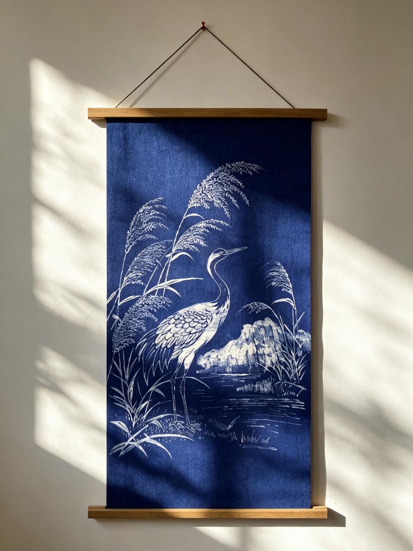 Handmade Crane Textile Wall Art | Indigo Batik Wall Hanging | Zen Nature Home Decor | Wabi-Sabi Wall Art | Housewarming Gift
