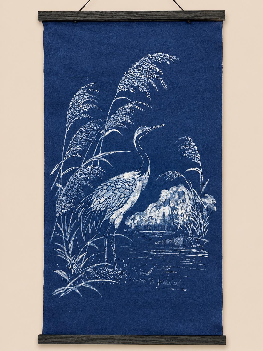 Handmade Crane Textile Wall Art | Indigo Batik Wall Hanging | Zen Nature Home Decor | Wabi-Sabi Wall Art | Housewarming Gift