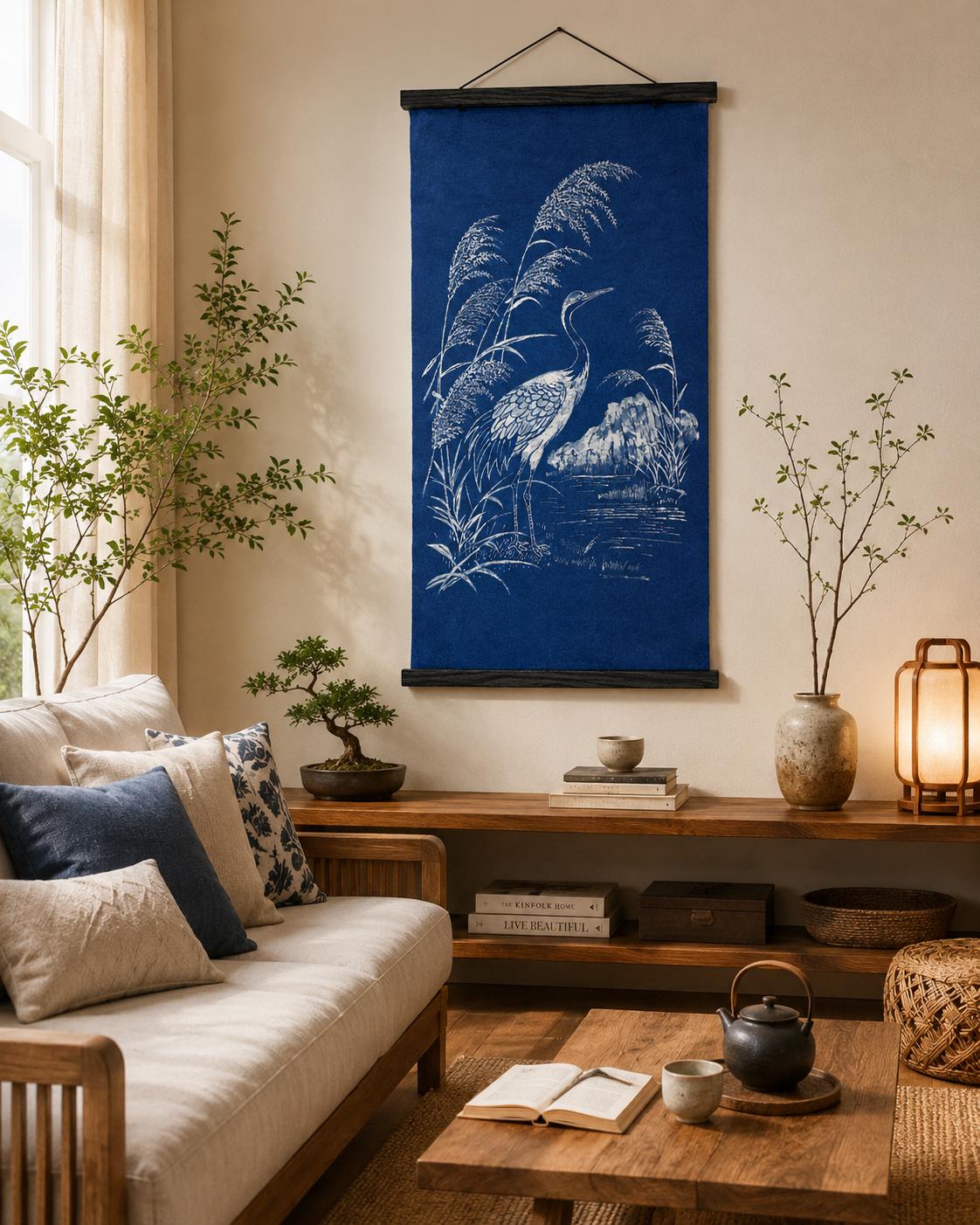 Handmade Crane Textile Wall Art | Indigo Batik Wall Hanging | Zen Nature Home Decor | Wabi-Sabi Wall Art | Housewarming Gift