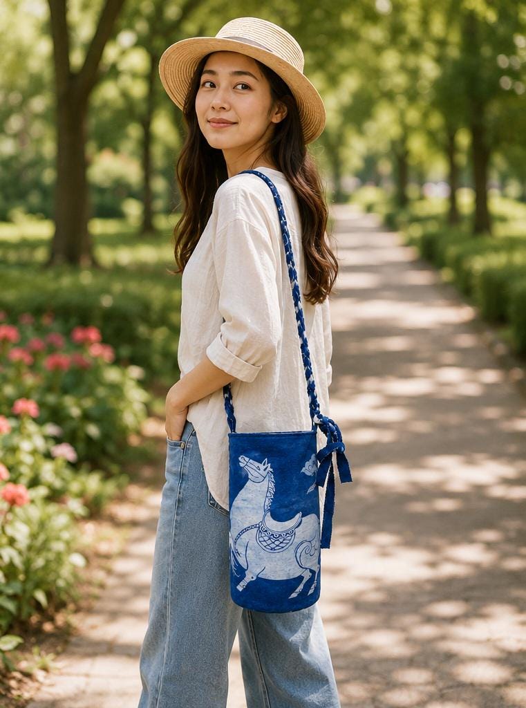 Handmade Cotton Bucket Bag | Indigo Batik Crossbody Bag | Lucky Horse Shoulder Bag | Adjustable Boho Purse | Gift for Her