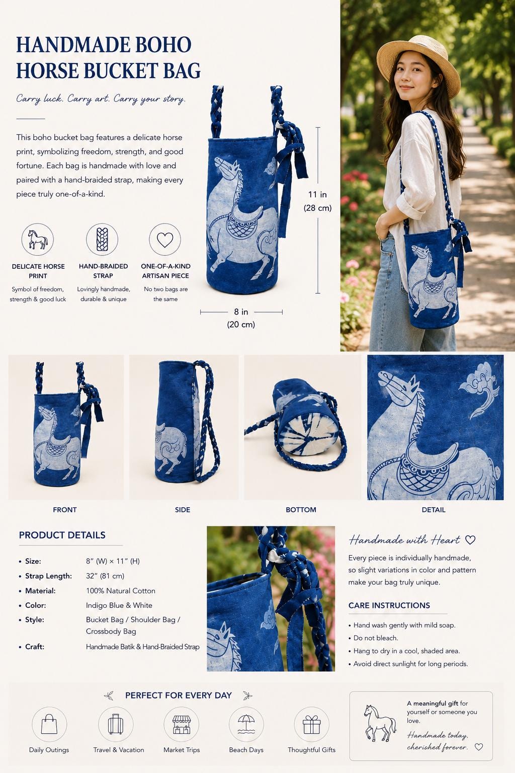 Handmade Cotton Bucket Bag | Indigo Batik Crossbody Bag | Lucky Horse Shoulder Bag | Adjustable Boho Purse | Gift for Her
