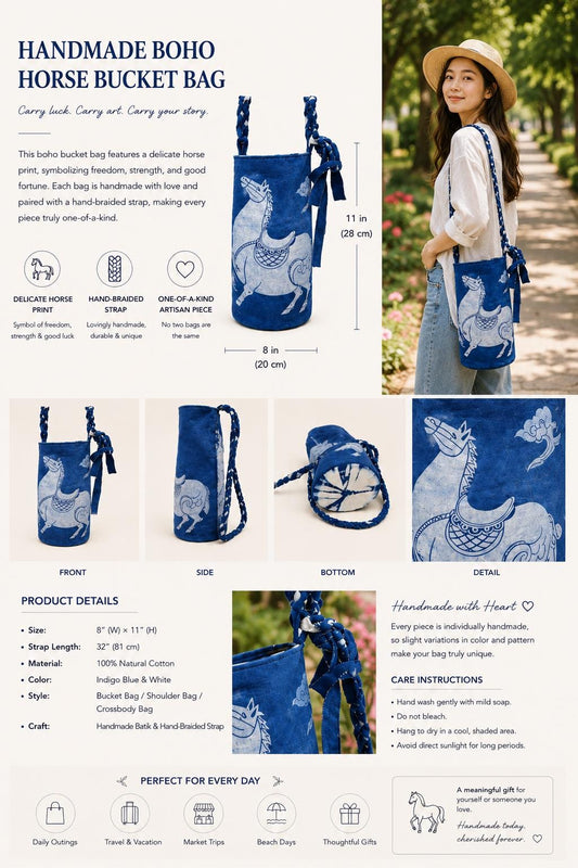Handmade Cotton Bucket Bag | Indigo Batik Crossbody Bag | Lucky Horse Shoulder Bag | Adjustable Boho Purse | Gift for Her